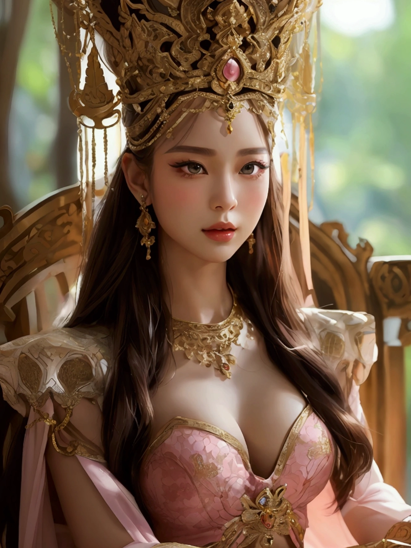 Create an image of a beautiful woman wearing a sexy traditional Thai queen costume. She has a slender face, sharp eyes, long hair, an angled face, a high nose, thin lips, a chest size of 32 inches, a waist size of 24 inches, hips size 33 inches, her skin is bright and white. she has brown hair She has pink nipples Her body was slim and muscular like an athlete. And she was enjoying sitting with her legs spread in an M shape, showing off her very attractive genitals.