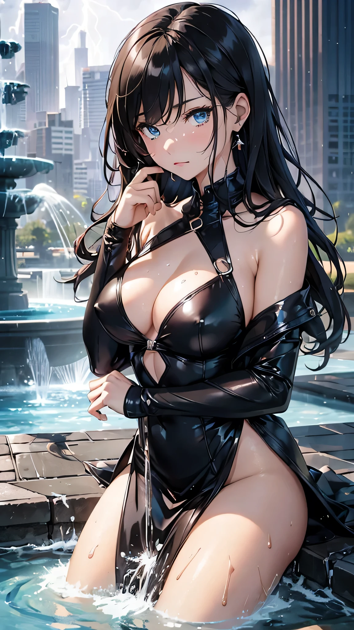 最high quality、Best image quality、masterpiece、With a girl((cute、、Best Bust、Medium Bust、Beautiful Blue Eyes、Spread your chest wide,Black Hair、Disheveled Hair、thin、Highest Valley、Black Dress、Teary whole body is wet、cry、Sad face))high quality、Beautiful art、background((night、heavy rain、City、Lightning strikes、fountain park)),Tabletop、Exquisite design、Visual Arts、Written boundary depth、Best lighting、Highest detail、8k