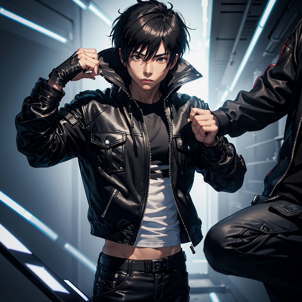 a male focus, kyo,the king of fighter jacket black leather hoodie, white zipper shirt, fighting black jean, fingerless gloves, shirt, boots, upper body masterpiece, best quality, absurdres,
