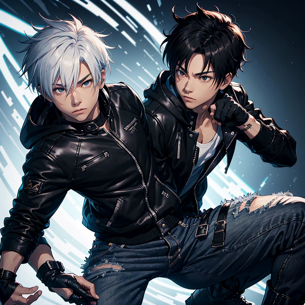a male focus, kyo,the king of fighter jacket black leather hoodie, white zipper shirt, fighting black jean, fingerless gloves, shirt, boots, upper body masterpiece, best quality, absurdres,