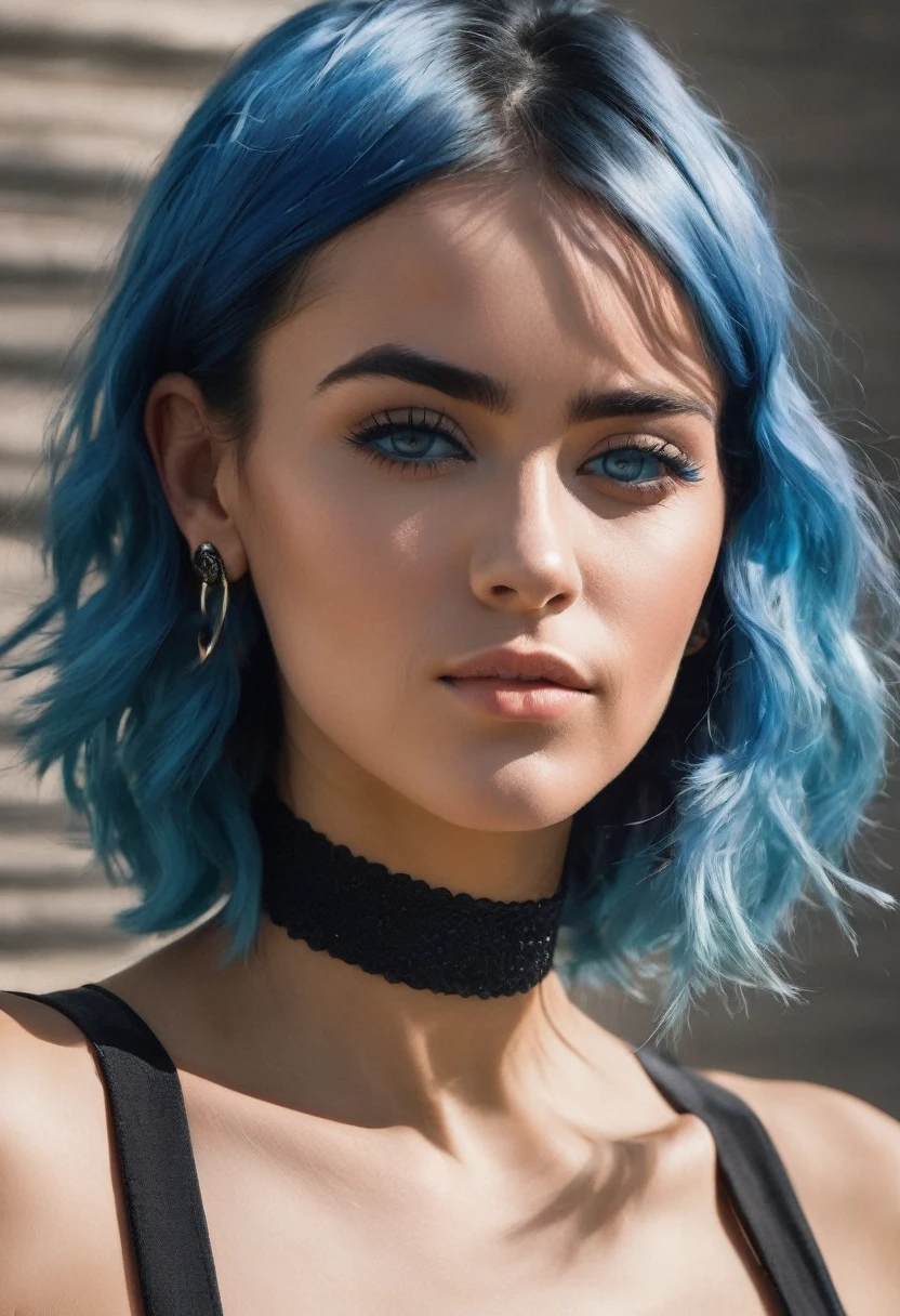 A striking woman with a bold sense of style, her blue hair styled in a sleek bob with bangs framing her face. Her intense blue eyes stare directly at the viewer, daring them to look away. She sits with her arms crossed, wearing a sleeveless black shirt that shows off her toned arms and a choker necklace that adds a touch of edginess. Her earrings and collar are intricately designed, adding to the overall aesthetic of the image. The rendering style is a mix of realism and abstract, with blurred elements that add a sense of movement and energy to the image.