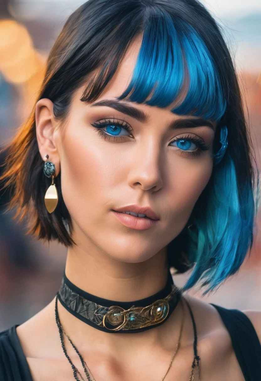 A striking woman with a bold sense of style, her blue hair styled in a sleek bob with bangs framing her face. Her intense blue eyes stare directly at the viewer, daring them to look away. She sits with her arms crossed, wearing a sleeveless black shirt that shows off her toned arms and a choker necklace that adds a touch of edginess. Her earrings and collar are intricately designed, adding to the overall aesthetic of the image. The rendering style is a mix of realism and abstract, with blurred elements that add a sense of movement and energy to the image.