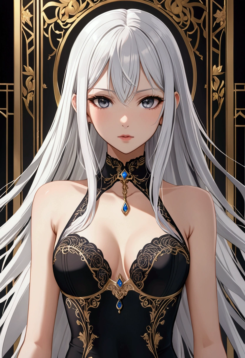 A girl with long smooth white hair ,determined grey eyes,fair skin tone, average height,elegant underwear, detailed eyes, detailed body,long shot, 8k highres best quality. 