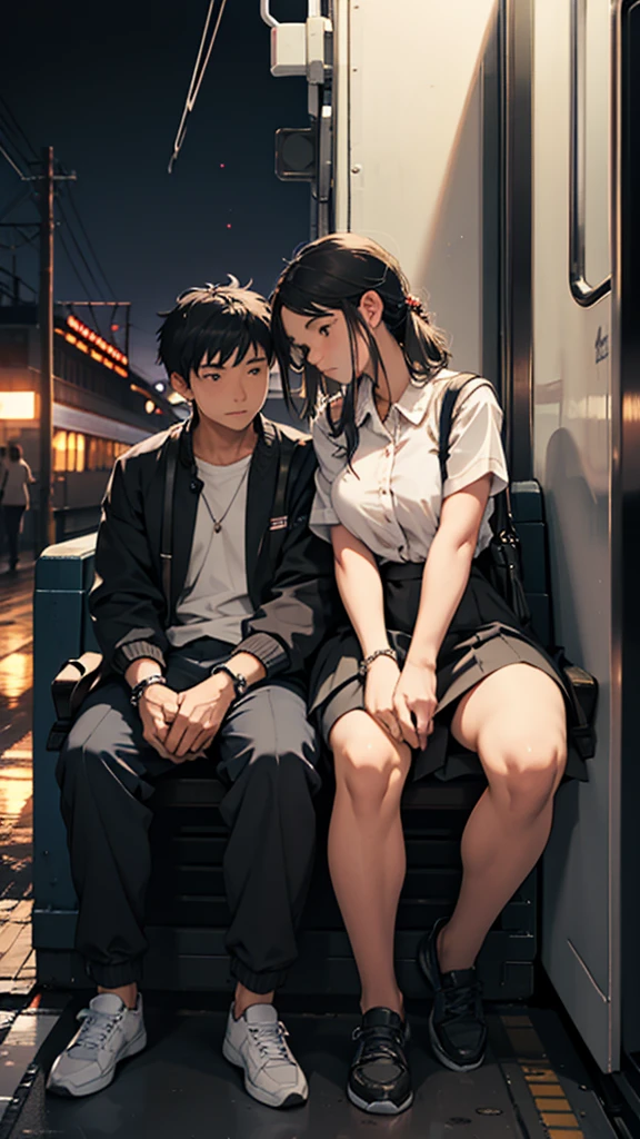 a couple sitting at a railway station, night scene, train approaching, couple wearing short clothes, girl has big hips detailed faces,