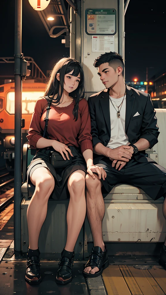 a couple sitting at a railway station, night scene, train approaching, couple wearing short clothes, girl has big hips detailed faces,