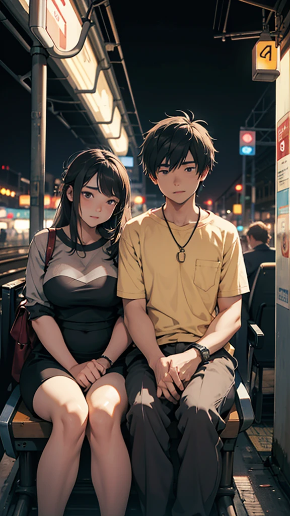 a couple sitting at a railway station, night scene, train approaching, couple wearing short clothes, girl has big hips detailed faces,