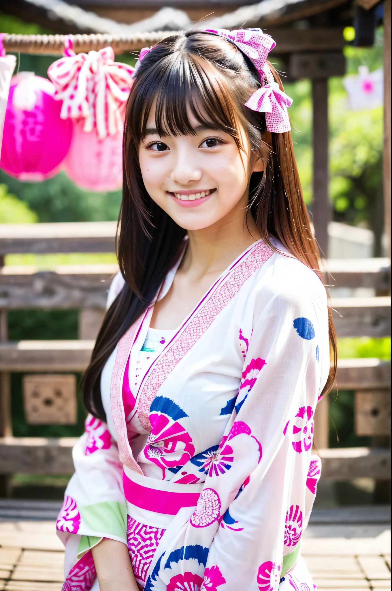 A very cute face like an idol、like々A 19-year-old woman with a cute face、Gentle and cute、A kind smile、((A cute long-sleeved pink Japanese yukata))、(Japanese festivals)、(Full body portrait)、((Her chest is exposed))、RAW Photos、Genuine、High resolution