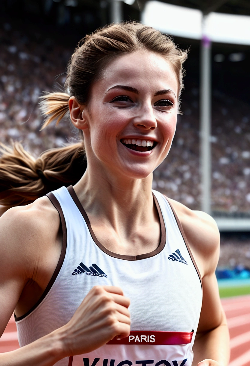 (Female athlete swimming towards the finish line at the Paris Olympic swimming stadium_Delicate nose and beautiful face, delicate eyes, delicate lips, neatly tied hairstyle, pale skin), (Best quality, 4K, 8K, High resolution, Masterpiece: 1.2), Highly detailed, (Realistic, Realistic, Realistic: 1.37), White sportswear_Intricate and detailed, Sports, People, Dynamic poses, Outdoor scene, Stadium structure, Bright sunlight, Vivid colors