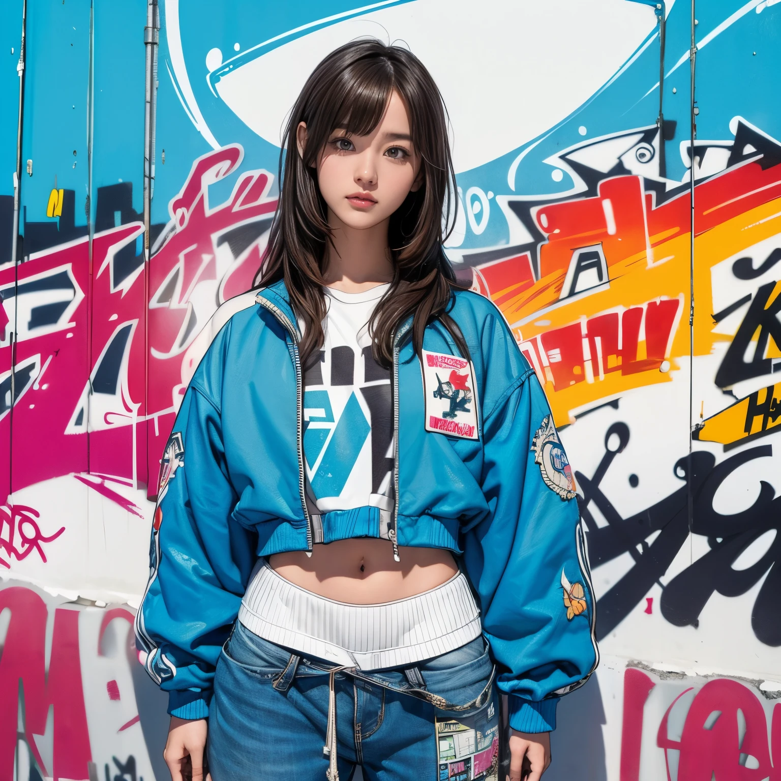 (best quality), masterpiece, extremely detailed CG uniform 8K illustration, high color, extremely high color saturation, all colors deepened, paint, graffiti art, center composition, extremely detailed light and shadow, graffiti wall, wall painted bright, 1 girl graffiti 1 girl looking at the wall, extremely detailed face and eyes, medium length hair, sportswear, colored clouds