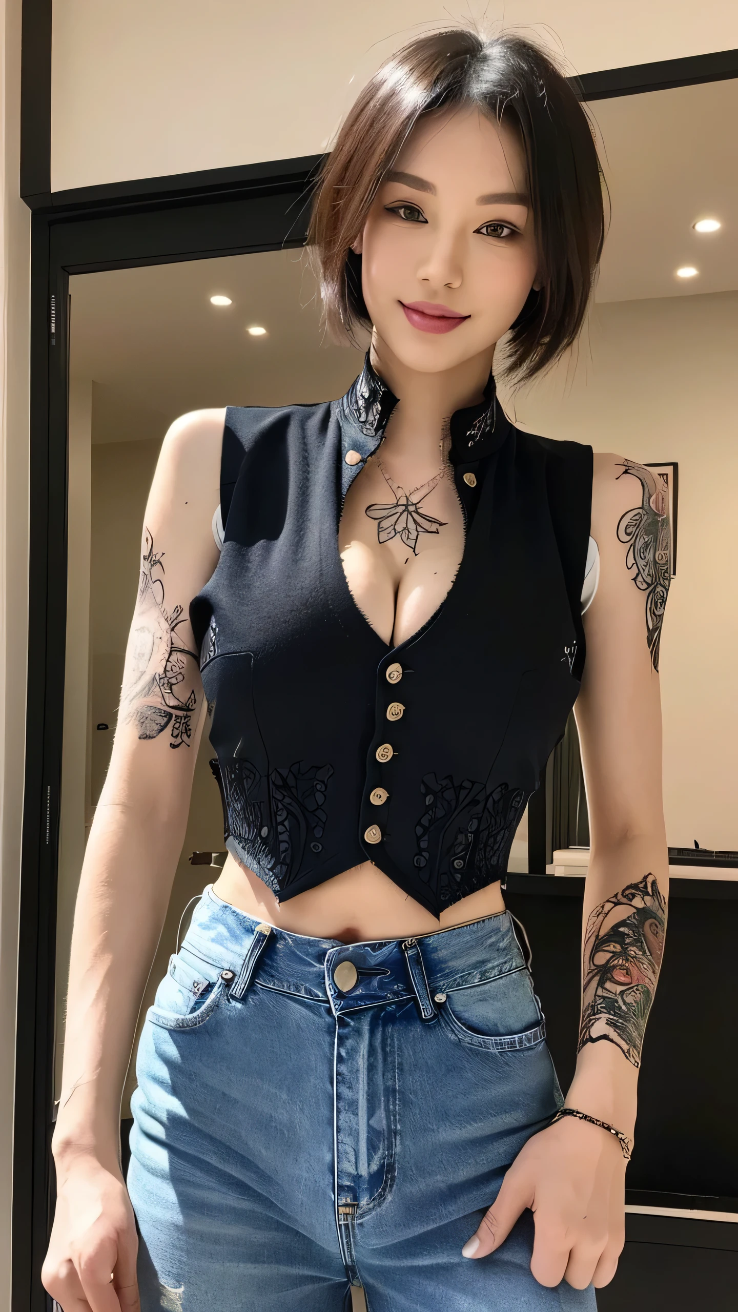 ((best quality, 8K, masterpiece: 1.3)), sharp: 1.2, ((Detailed tattooed skin)), beauty: 1.3, Slim abdominal muscles: 1.1, ((Large Breasts: 1.3)), Highly detailed face and skin texture, ((Black short hair)), Makeup face, Lipstick, ((Ripped jeans)), ((Vest)), Standing. on the chair. Between the doors and windows，Looking at the audience,Smile