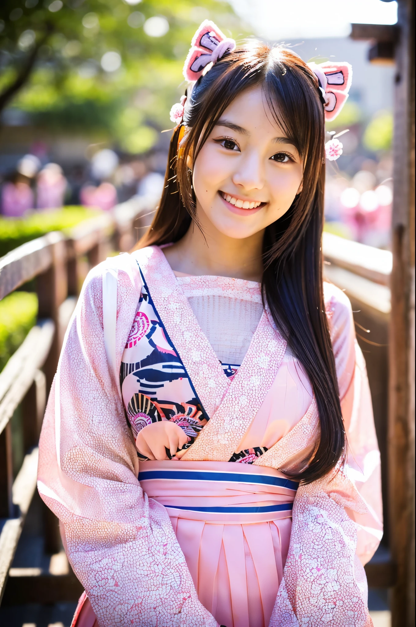 A very cute face like an idol、like々A 19-year-old woman with a cute face、Gentle and cute、A kind smile、(((A cute, long-sleeved, pink traditional Japanese yukata)))、(Japanese festivals)、((Full body portrait))、((Her chest is exposed))、RAW Photos、Genuine、High resolution