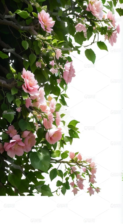 Close up of a bunch of pink flowers on a tree, Beautiful composition 3 - d 4 k, vine、Plants and flowers, Beautiful composition, Dynamic close-up composition, Flowers bloom and spray, bloom effect, Rendering, 8k detail post processing, 8k detail post processing, 8k detail post processing, bloom effect 8 k, Mandelbrot flowers and trees