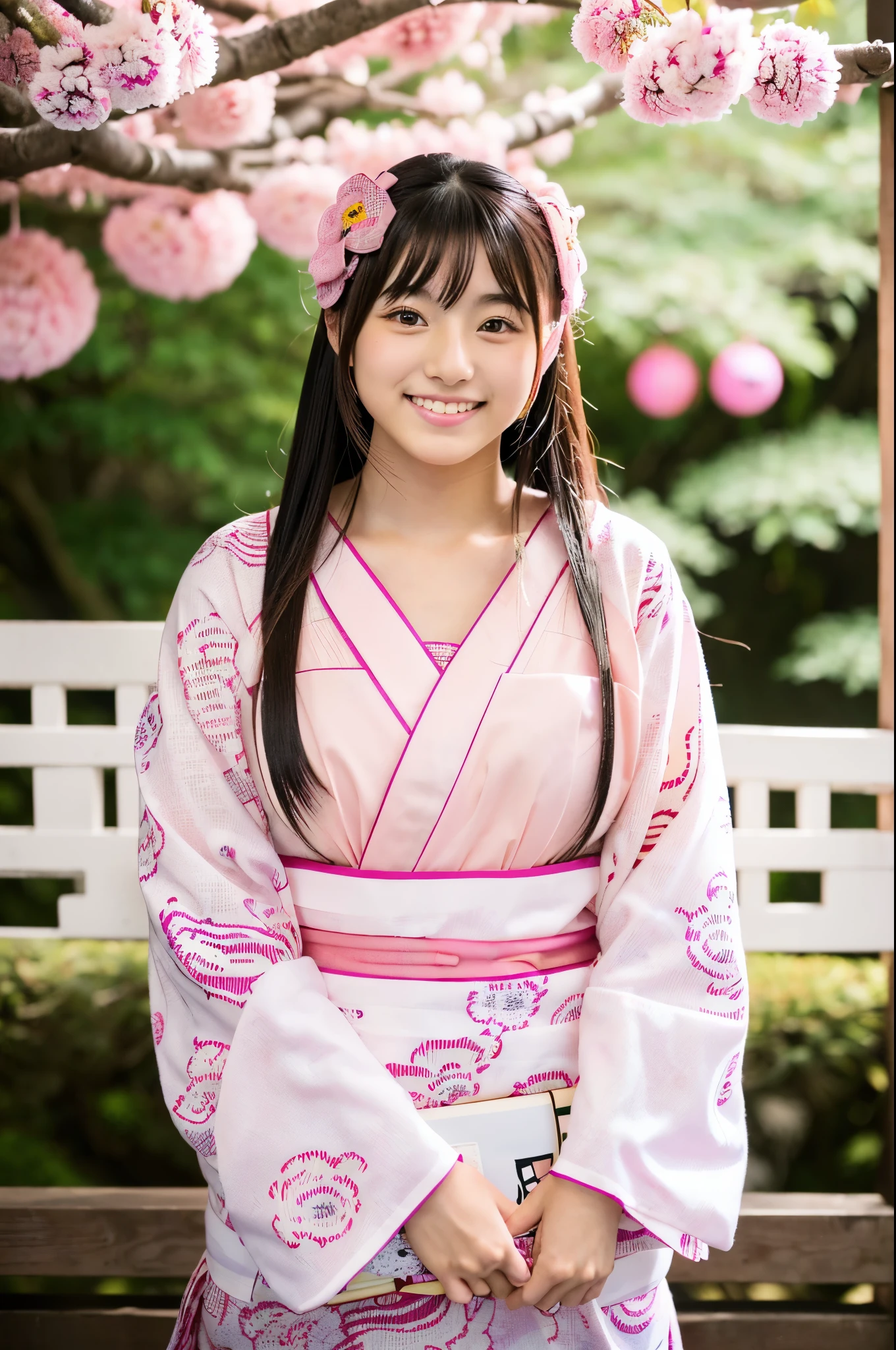 A very cute face like an idol、like々A 19-year-old woman with a cute face、Gentle and cute、A kind smile、(((A cute, long-sleeved, pink traditional Japanese yukata)))、(Japanese festivals)、((Full body portrait))、((Her chest is exposed))、RAW Photos、Genuine、High resolution