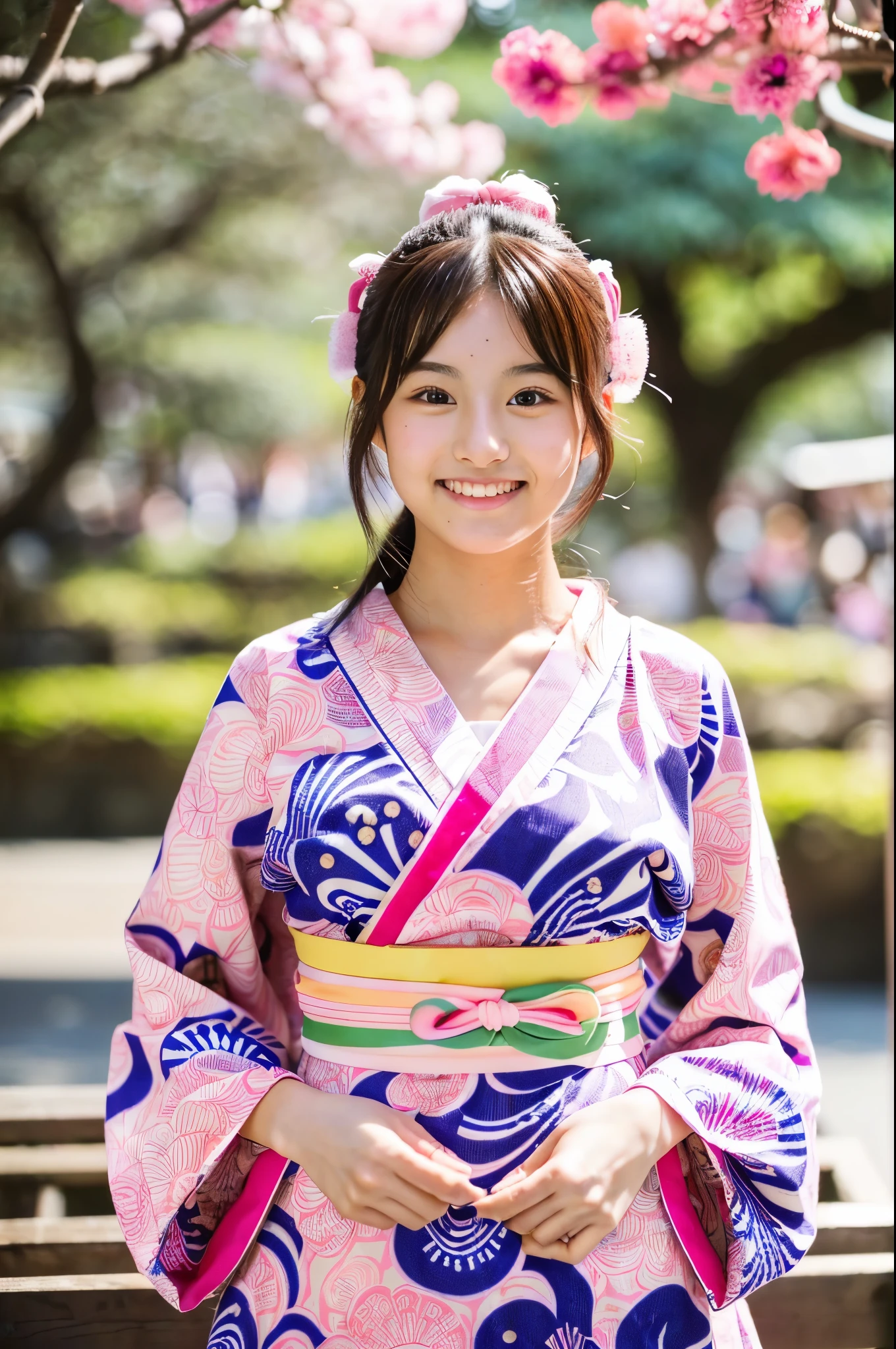 A very cute face like an idol、like々A 19-year-old woman with a cute face、Gentle and cute、A kind smile、(((A cute, long-sleeved, pink traditional Japanese yukata)))、(Japanese festivals)、((Full body portrait))、((Her chest is exposed))、RAW Photos、Genuine、High resolution