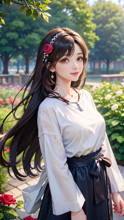 (Highest quality、 8k 、masterpiece、High resolution)、young woman、Large Breasts、Slender beauty、Brown hair medium、Hair blowing in the wind、Hair flying back、Full Body Shot、Uplifting、 (Beautiful Face,Beautiful eyes,Beautiful nose,Pretty lips)、A clean eyeliner、(Basic Fashion、Natural, relaxed style)、Earrings、necklace、Her mouth opens slightly and a smile appears.、looking at the camera、Professional Lighting、Professional photographer、Outdoor、garden、Multicolored rose flowers、Detailed CG、