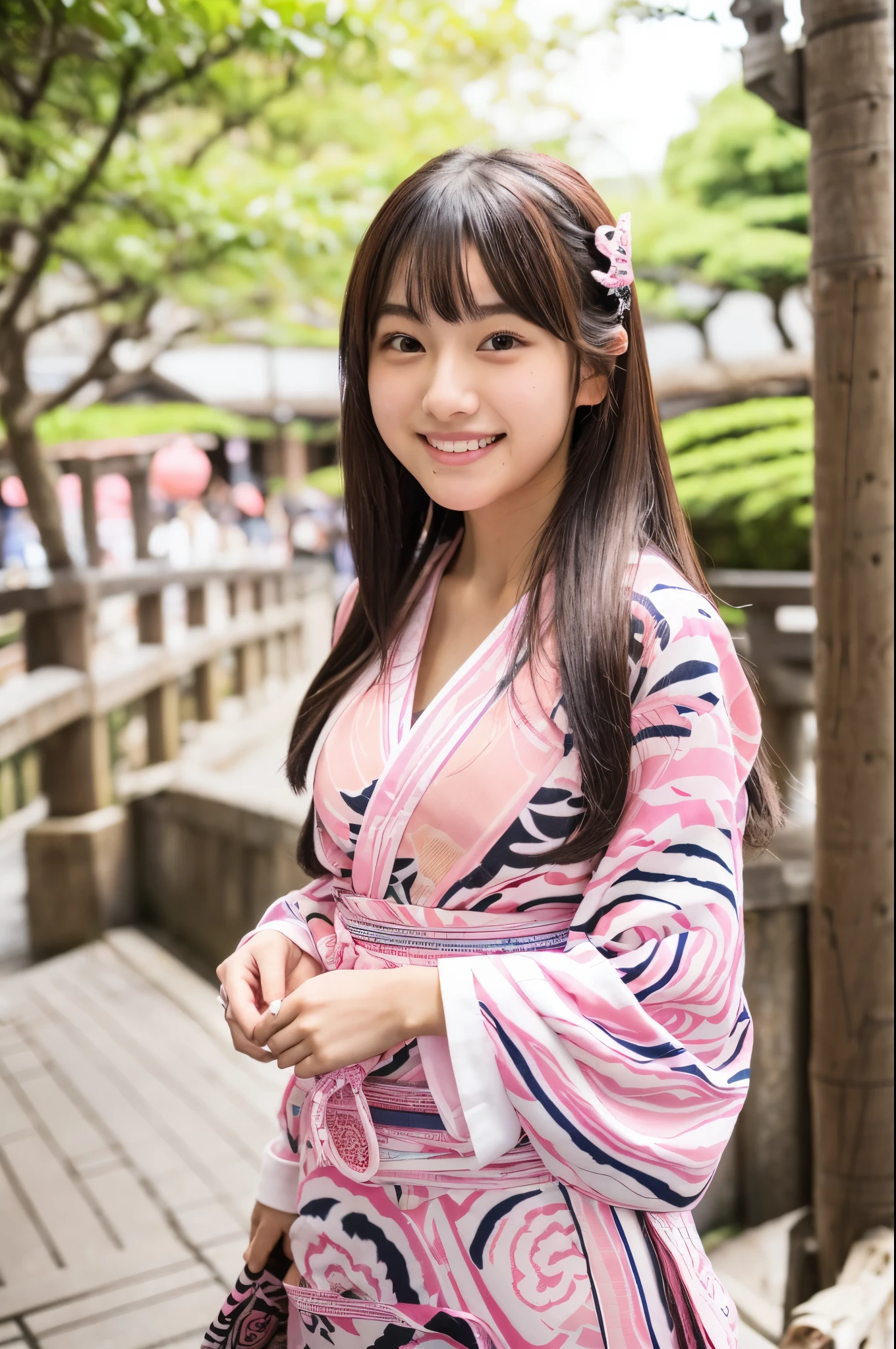 A very cute face like an idol、like々A 19-year-old woman with a cute face、Gentle and cute、A kind smile、(((A cute, long-sleeved, pink traditional Japanese yukata)))、(Japanese festivals)、((Full body portrait))、((Her chest is exposed))、((Her thighs are bare))、RAW Photos、Genuine、High resolution