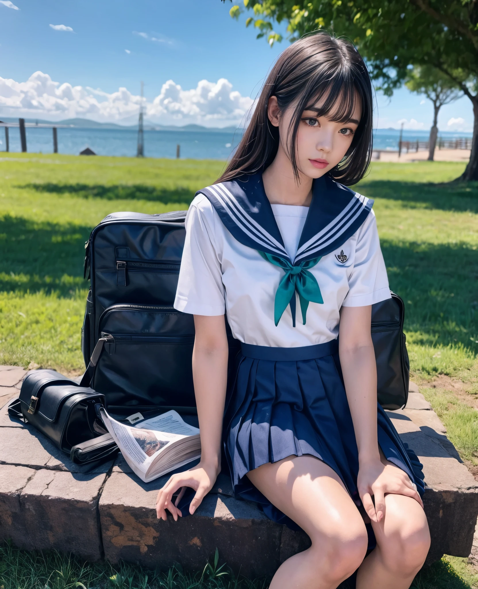 1girl,18yo girl,sailor uniform,ankle length skirt,beautiful detailed eyes,beautiful detailed lips,extremely detailed face,longeyelashes,outdoors,green grass, blue sky,sunlight,vibrant colors,photorealistic,8k,ultra-detailed,realistic,physically-based rendering,masterpiece,studio lighting,cinematic lighting