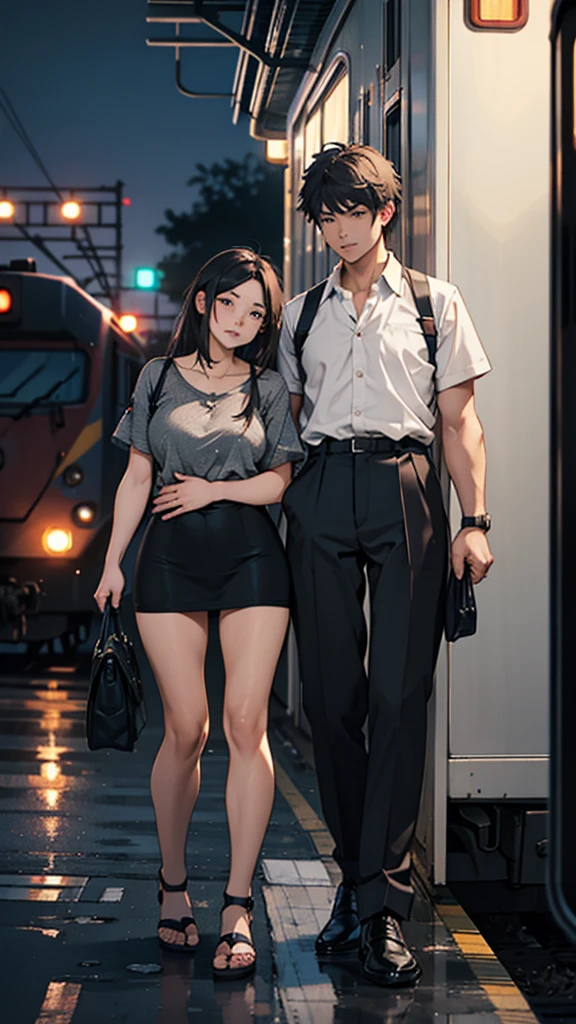 a couple sitting at a railway station, night scene, train approaching, couple wearing short clothes, girl has big hips detailed faces,