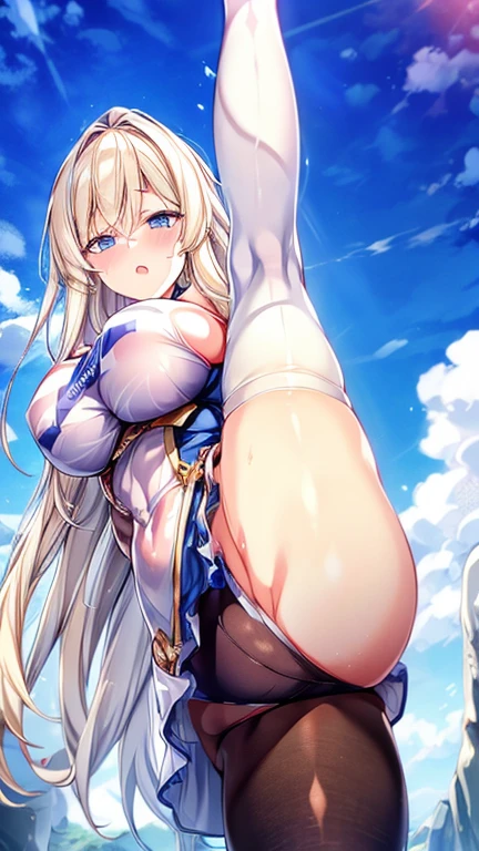 One leg up Actual, blue eyes, Blonde, Mid-chest, 4K resolution, High quality CG, Beautiful CG, Soft Light, Octane Rendering