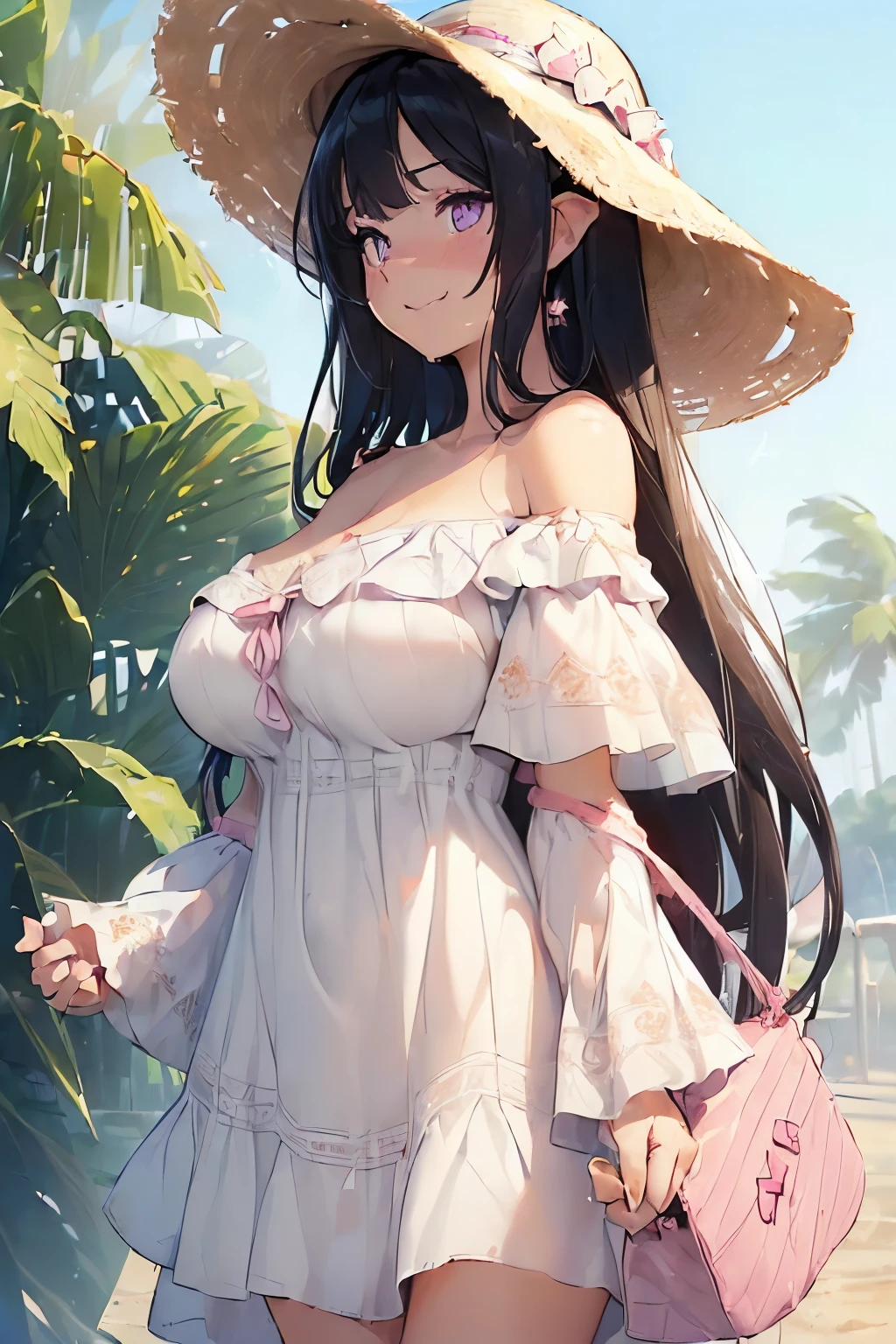 1girl,(light Purple eyes),(black hair),(absurdly long hair,long hair between eyes),(black hair over one eye),waved hair,huge breasts,sagging breasts,(disproportionate gigantic Saggy breast:1.4),(Promenade background:1.4),puddle, break Embarrassing,blush,bashful,eyes half-closed,(Natural Color Lip),(smile open mouth wide:1.3), break (Straw hat:1.2),(white summer Off-shoulder dress :1.9),(Small pink bag:1.3),break (profile view:1.4),(looking at viewer)