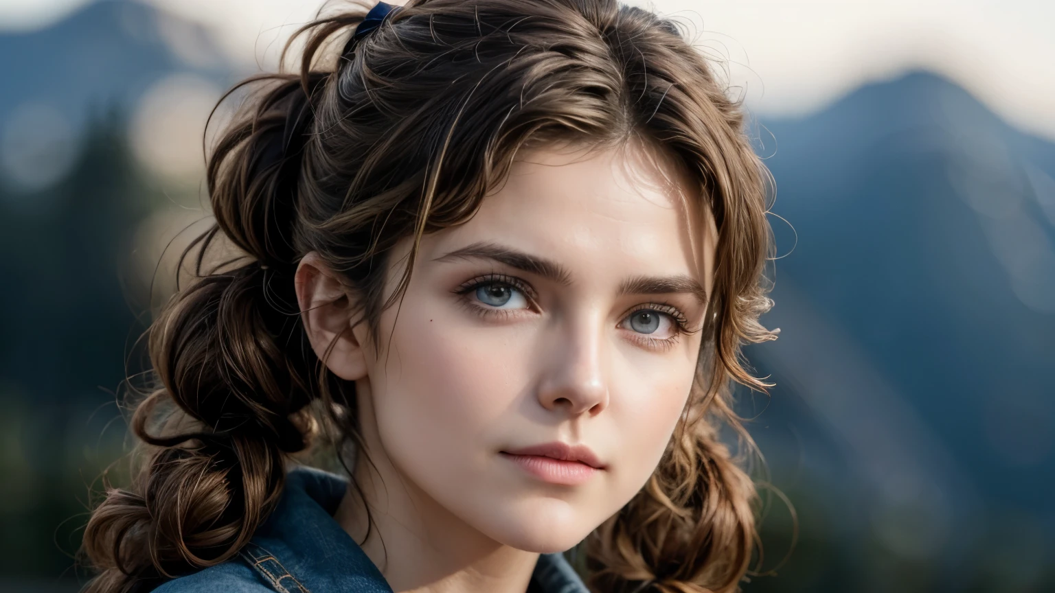 Keri Russell, break, Top Quality, Masterpiece, 1 Girl, Beautiful Face, (Photorealistic Photos:1.3), Rim Lighting, (High Detail Skin:1.2), 8K UHD, DSLR, High Quality, High Definition, 4K, 8K, Bokeh, (Real: 1.3), pretty Face, 25 years old, jeans and jacket, mountains, pigtail hair, break, upper body, break,