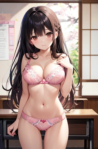 Highest quality, Japanese、Brown eyes、thin、expensive、8k、girl, High resolution,Black Hair、Long Hair、classroom、(Pink bra with floral pattern:1.2. Break)、(floral pink panties:1.2)、Standing position、Left facing,Big Breasts