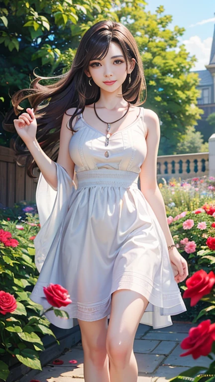(Highest quality、 8k 、masterpiece、High resolution)、young woman、Large Breasts、Slender beauty、Brown hair medium、Hair blowing in the wind、Hair flying back、Full Body Shot、Uplifting、 (Beautiful Face,Beautiful eyes,Beautiful nose,Pretty lips)、A clean eyeliner、(Basic Fashion、Natural, relaxed style)、Earrings、necklace、Her mouth opens slightly and a smile appears.、looking at the camera、Professional Lighting、Professional photographer、Outdoor、garden、Multicolored rose flowers、Detailed CG、