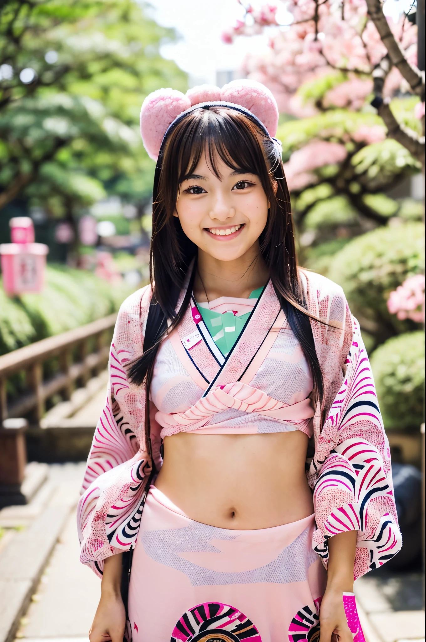 A very cute face like an idol、like々A 19-year-old woman with a cute face、Gentle and cute、A kind smile、(((A cute, long-sleeved, pink traditional Japanese yukata)))、(Japanese festivals)、((Full body portrait))、((Her chest is exposed))、((Her thighs are bare))、RAW Photos、Genuine、High resolution