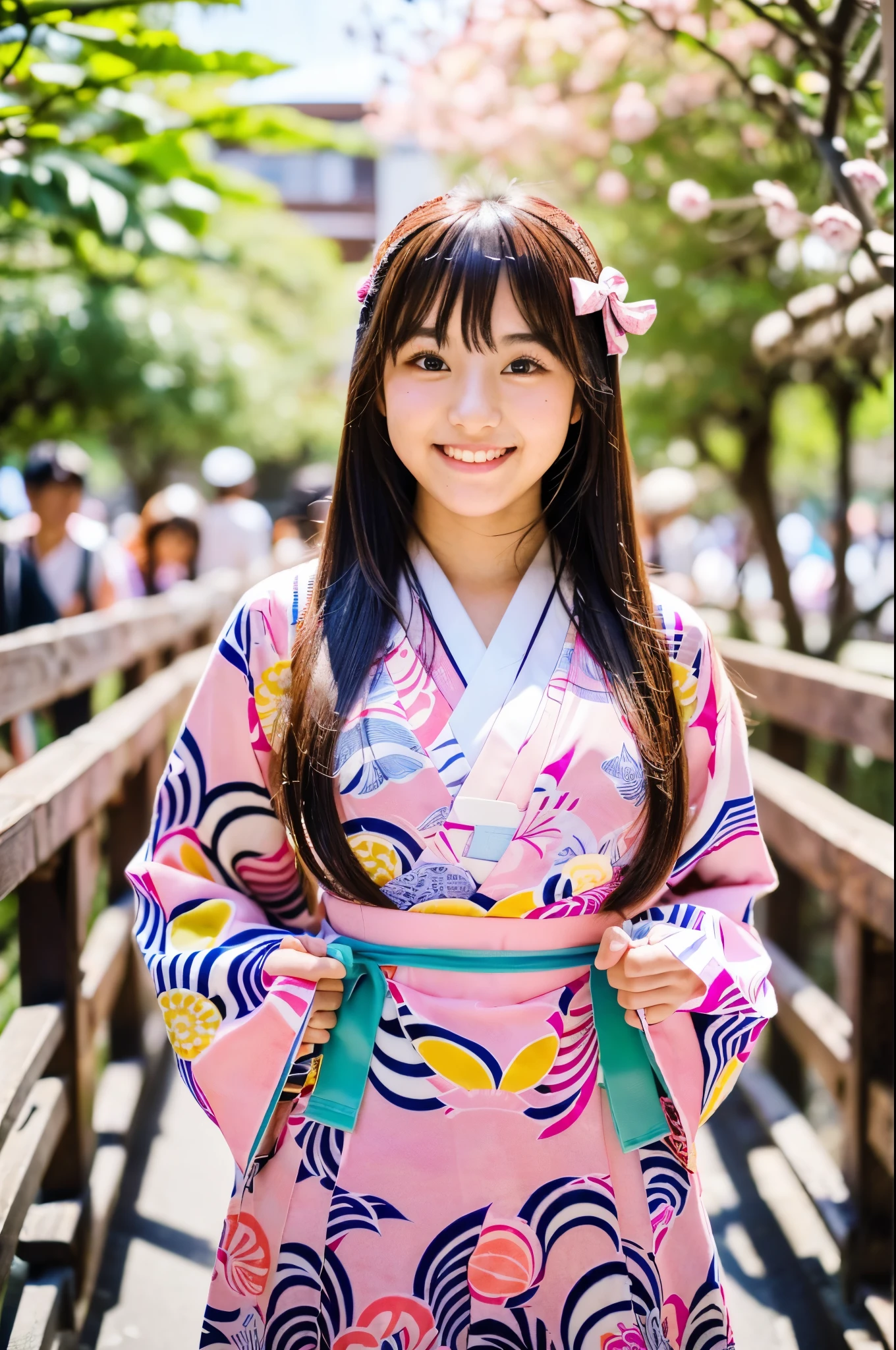 A very cute face like an idol、like々A 19-year-old woman with a cute face、Gentle and cute、A kind smile、(((A cute, long-sleeved, pink traditional Japanese yukata)))、(Japanese festivals)、((Full body portrait))、((Her chest is exposed))、((Her thighs are bare))、RAW Photos、Genuine、High resolution