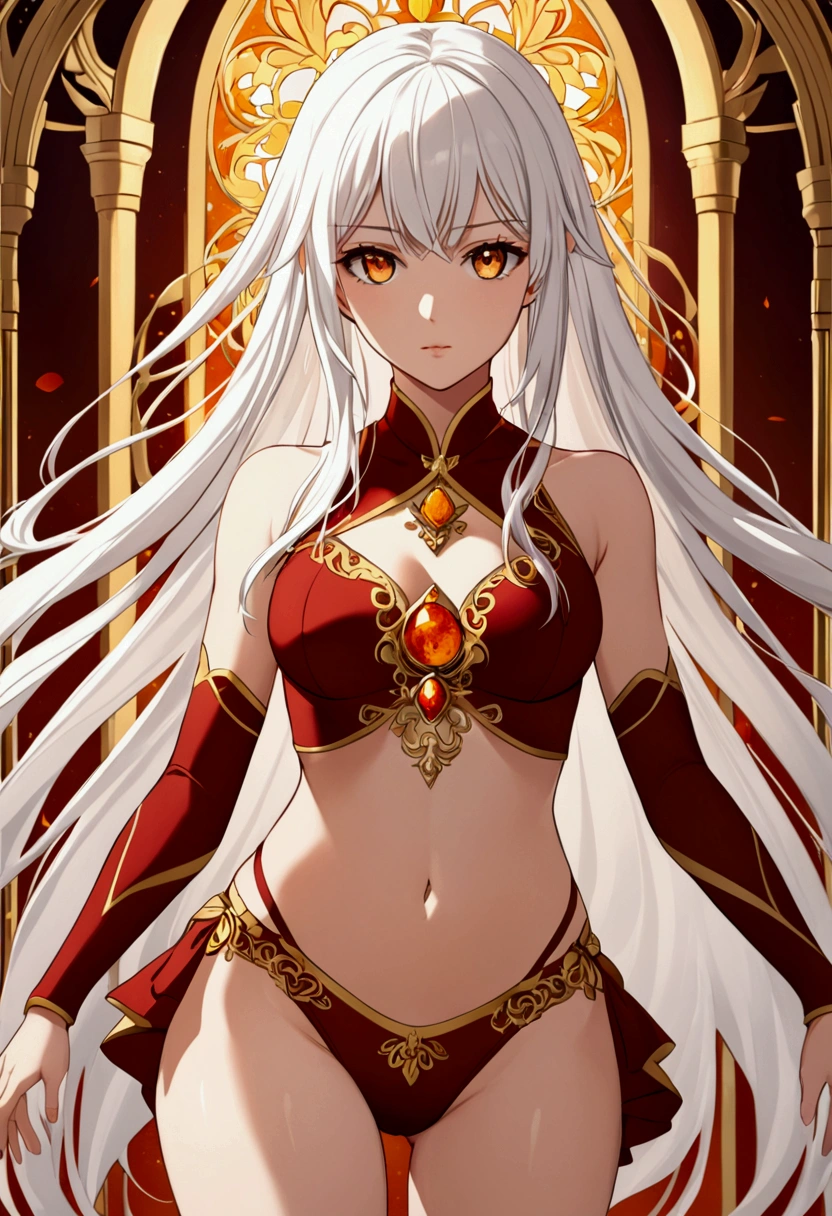 A girl with long smooth white hair ,determined amber eyes,fair skin tone, average height,elegant underwear, detailed eyes, detailed body,long shot, 8k highres best quality.
