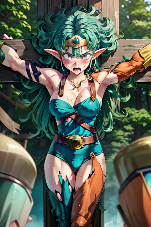 One girl,18-year-old,Excellent anatomy, masterpiece, Highest quality,Realistic, hyperRealistic, 16k hdr,(necklace,Cleavage,damaged body,Sweat,Beautiful Face,Mature Woman,Muscular Paladin,Torn Costume,Arm guard,Leg guards,Shoulder Armor:1.2),(blush,anger,:1.2),Fantasy World,Outdoor,village,blue sky,(Surrounded by many vicious horny goblins:1.3),(Decorated Cross:1.3),(Crucifixion,Spread the word_arms,Tie your arms:1.5),From above