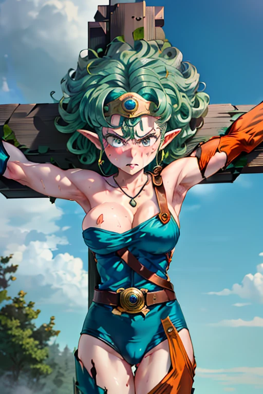 One girl,18-year-old,Excellent anatomy, masterpiece, Highest quality,Realistic, hyperRealistic, 16k hdr,(necklace,Cleavage,damaged body,Sweat,Beautiful Face,Mature Woman,Muscular Paladin,Torn Costume,Arm guard,Leg guards,Shoulder Armor:1.2),(blush,anger,:1.2),Fantasy World,Outdoor,village,blue sky,(Surrounded by many vicious horny goblins:1.3),(Decorated Cross:1.3),(Crucifixion,Spread the word_arms,Tie your arms:1.5),From above