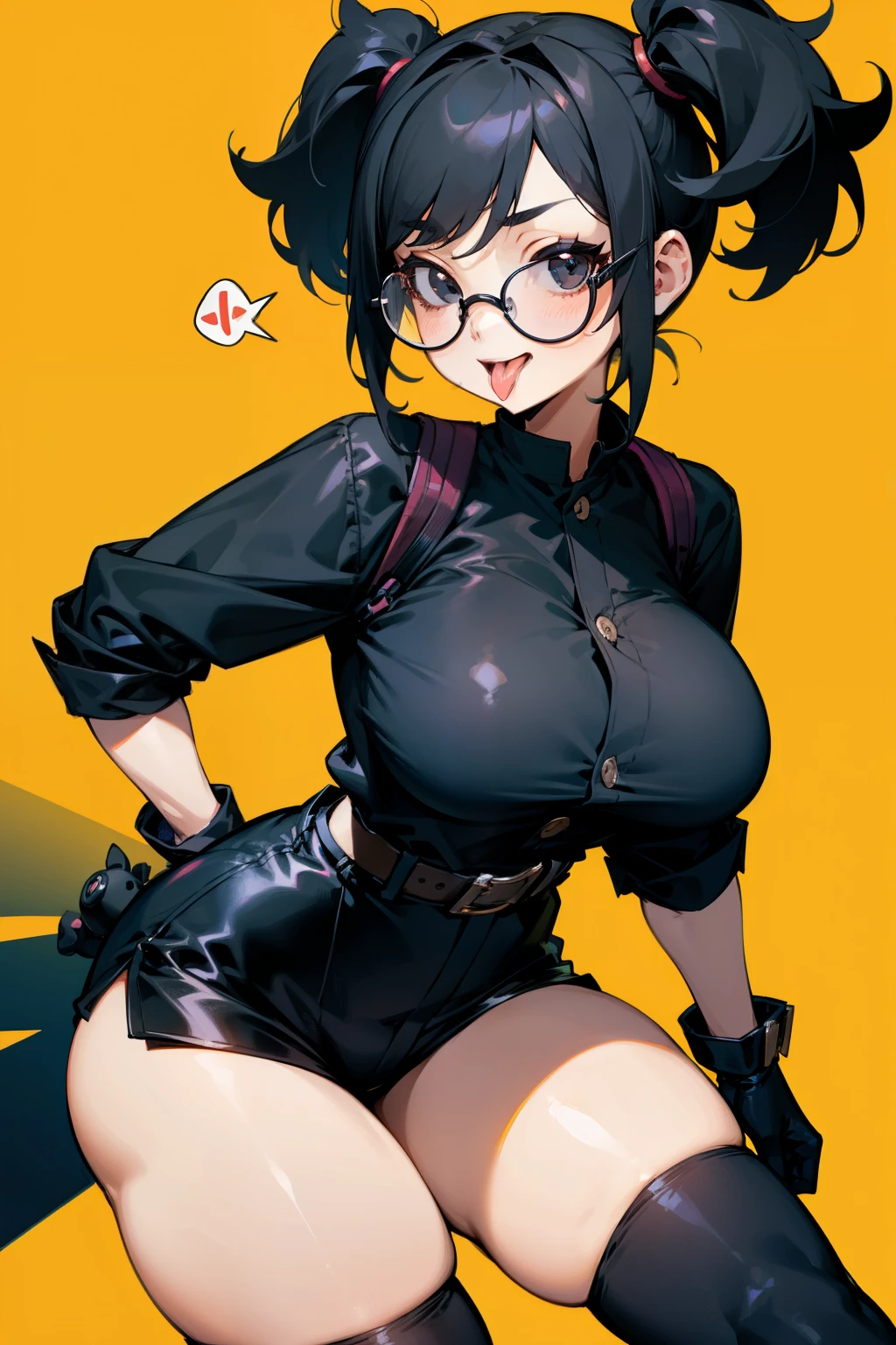 Cute girl, short black hair, black eyes, pigtails, Round glasses, tongue out of mouth, big breasts, short shorts, tight black clothes, black buttons, black gloves, black belt.