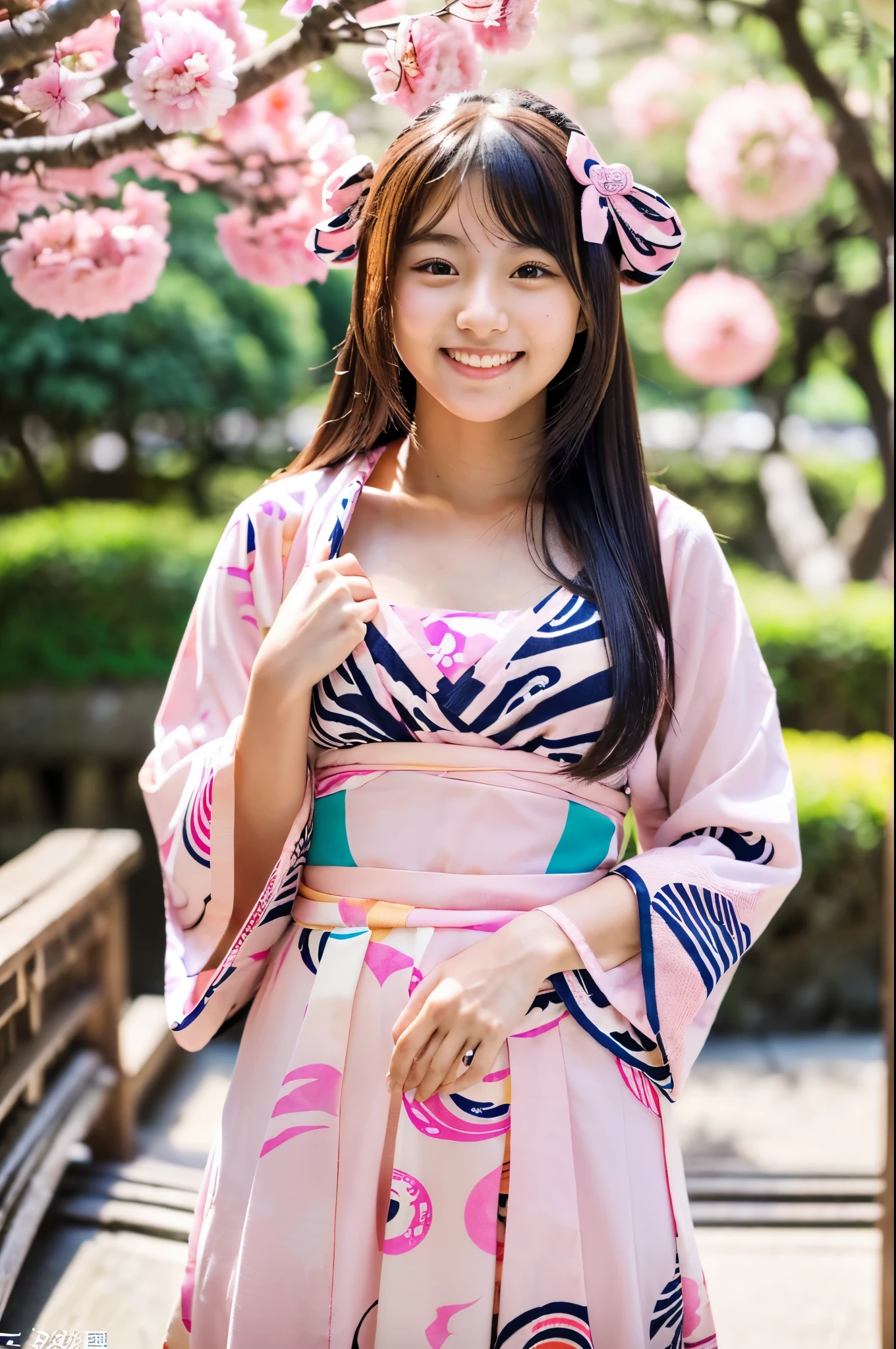 A very cute face like an idol、like々A 19-year-old woman with a cute face、Gentle and cute、A kind smile、(((A cute, long-sleeved, pink traditional Japanese yukata)))、(Japanese festivals)、((Full body portrait))、((Her chest is exposed))、((Her thighs are bare))、RAW Photos、Genuine、High resolution