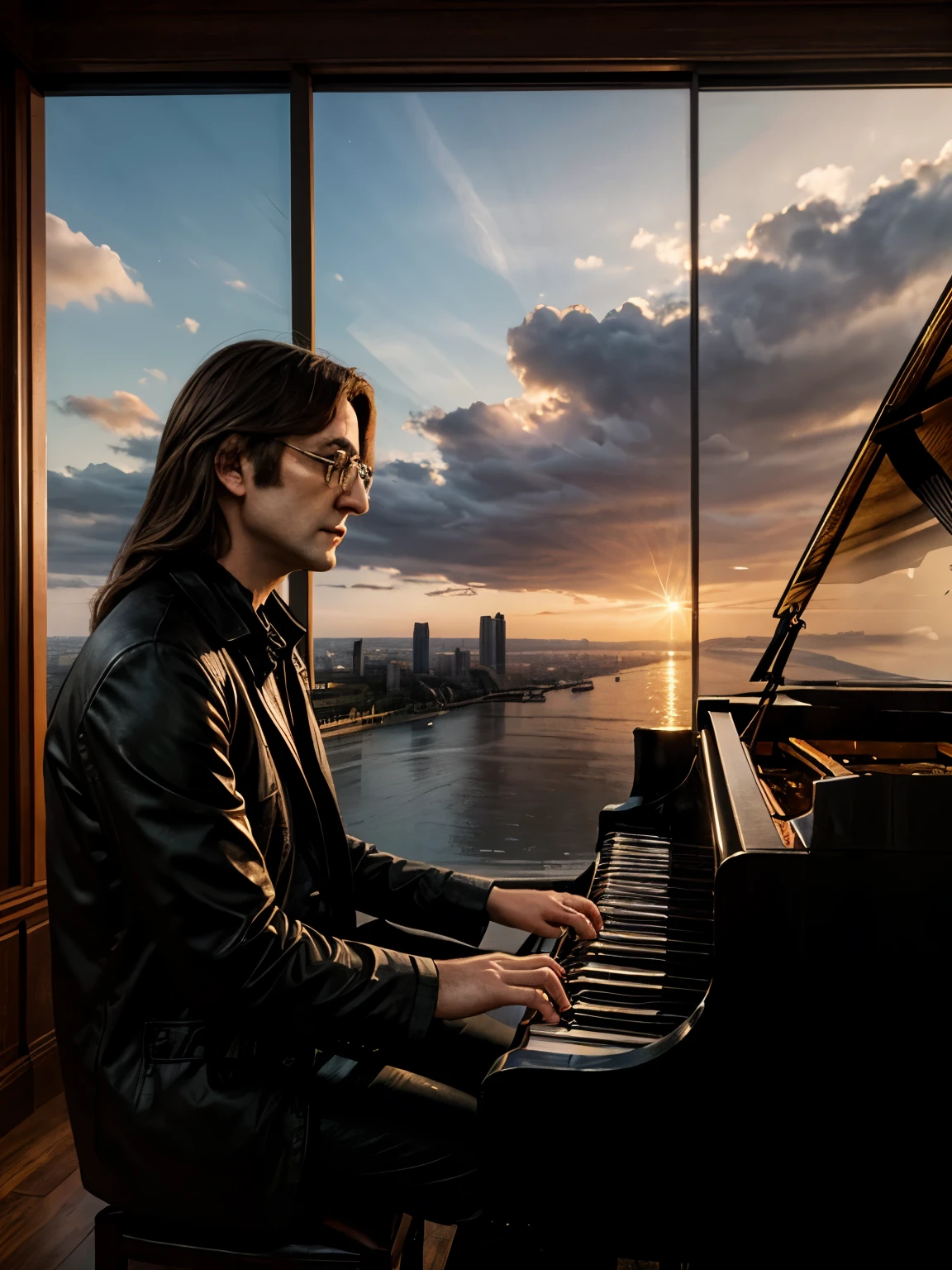 masterpiece, Highest quality:1.1, Very detailed, 超Realistic, Realistic, John Lennon at age 30, Sitting, play the piano, Grand piano, Perfect hands, Ultra detailed face、cloud, evening、 Sit on, wood, Hair length, city, silhouette, 都city景観,Realistic
