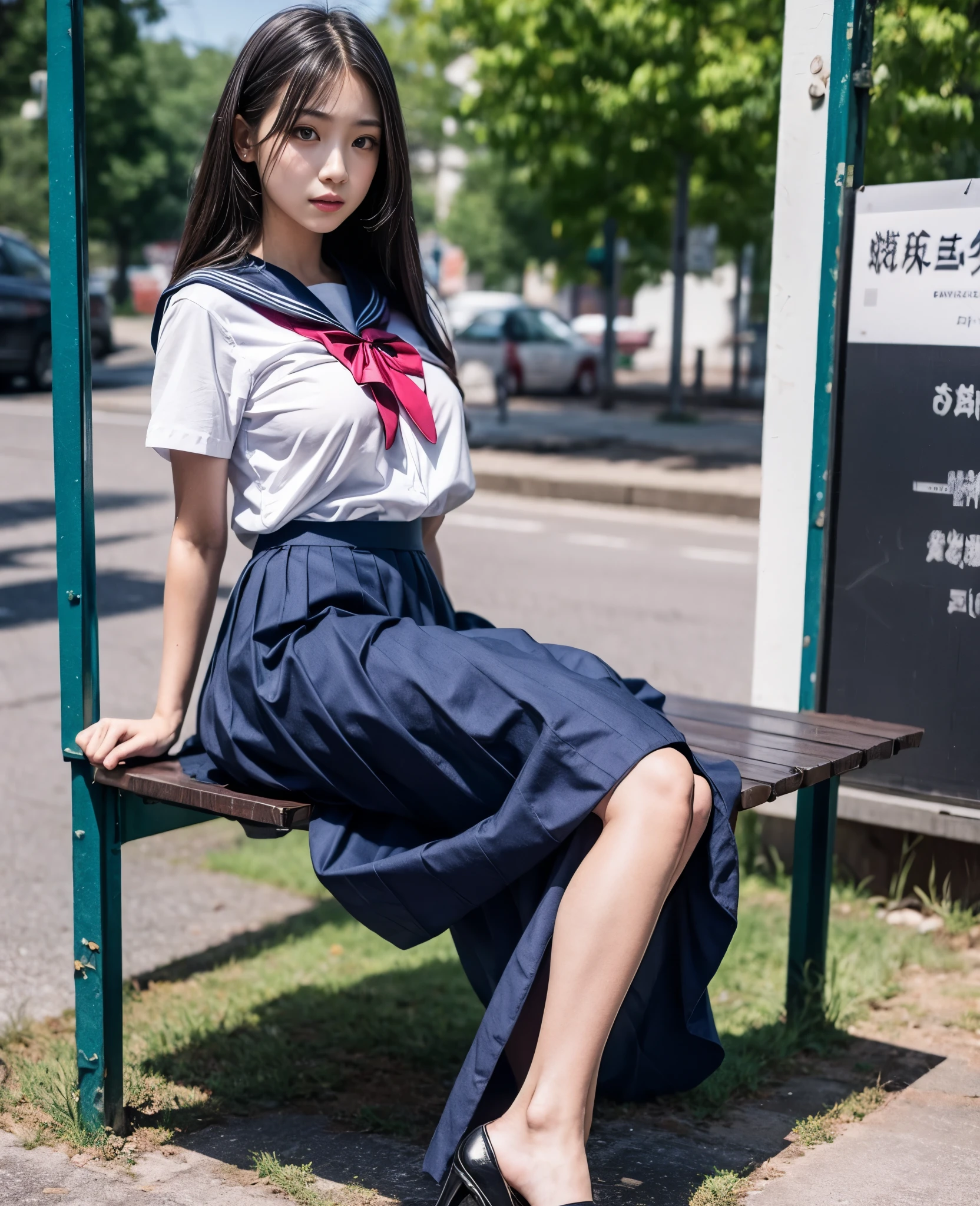 1girl, 18yo girl, sailor uniform, ((ankle length long skirt)), at the bus stop, big breast size, detailed face, beautiful eyes, long eyelashes, delicate facial features, serene expression, soft natural lighting, pastel colors, realistic, photorealistic, 8k, high quality, masterpiece