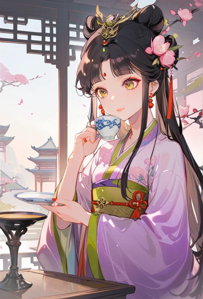 a woman sitting at the table,Close-up of hand holding a cup of coffee, palace , Girl wearing Hanfu, A young woman plays, Beautiful oriental woman, Chinese woman, Chinese Girl, Chinese Princess, an Asian woman, a young Asian woman, ancient Chinese Princess, Asian woman, Wearing Chinese clothes, Traditional Beauty, Young Asian Girl