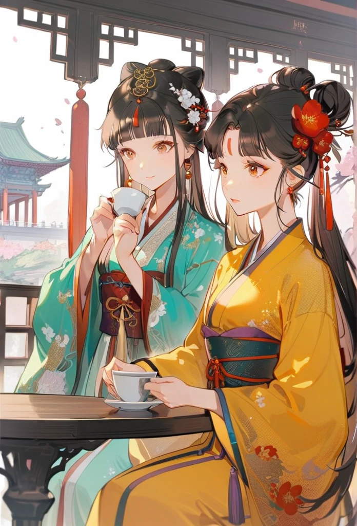 a woman sitting at the table，Close-up of hand holding a cup of coffee, palace ， Girl wearing Hanfu, A young woman plays, Beautiful oriental woman, Chinese woman, Chinese Girl, Chinese Princess, an Asian woman, a young Asian woman, ancient Chinese Princess, Asian woman, Wearing Chinese clothes, Traditional Beauty, Young Asian Girl