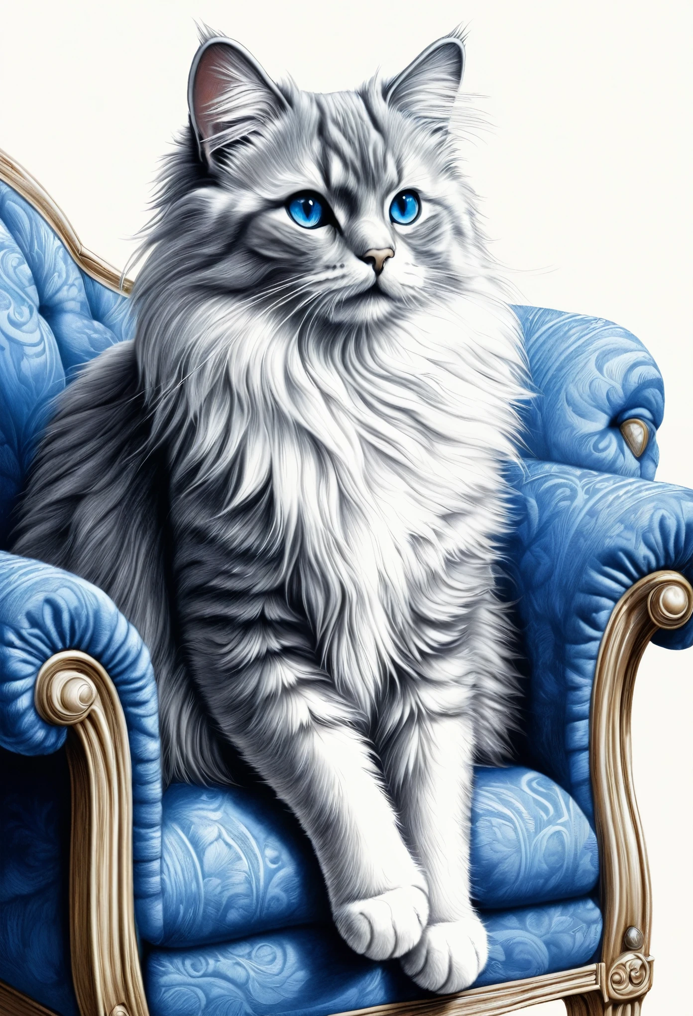 ((On Fabriano premier paper (highlight cotton texture)) draw an angora cat (with real professional drawing proportions), with ultra realistic fluffy fur (hyper-realistic details in hair and eyes), intricate details, fine and decisive strokes, ((in monochrome tone (color azul BIC), make the drawing based on doodles, Crossed and straight lines and the necessary strokes to give lights and shadows in order to represent volume and three-dimensionality., draw it with BIC pen, Use the hatching technique for shadows and cross lines (very fine) for highlights and midtones, lying on an armchair, simulates different degrees of pressure with the pen on the paper, full body frame of cat on armchair.