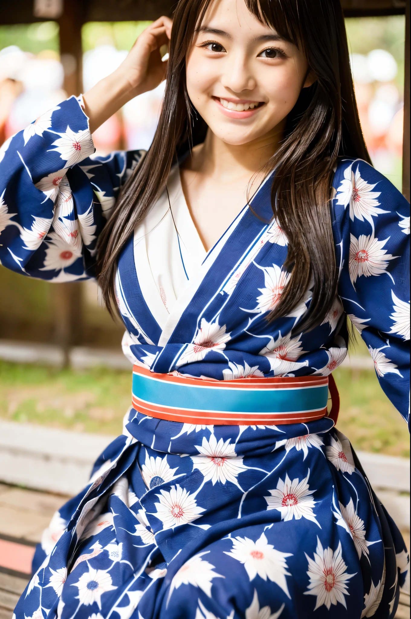 A very cute face like an idol、like々A 19-year-old woman with a cute face、Gentle and cute、A kind smile、(((Cute long-sleeved traditional Japanese yukata)))、(Japanese festivals)、((Full body portrait))、((Her chest is exposed))、((I can see your thighs))、RAW Photos、Genuine、High resolution