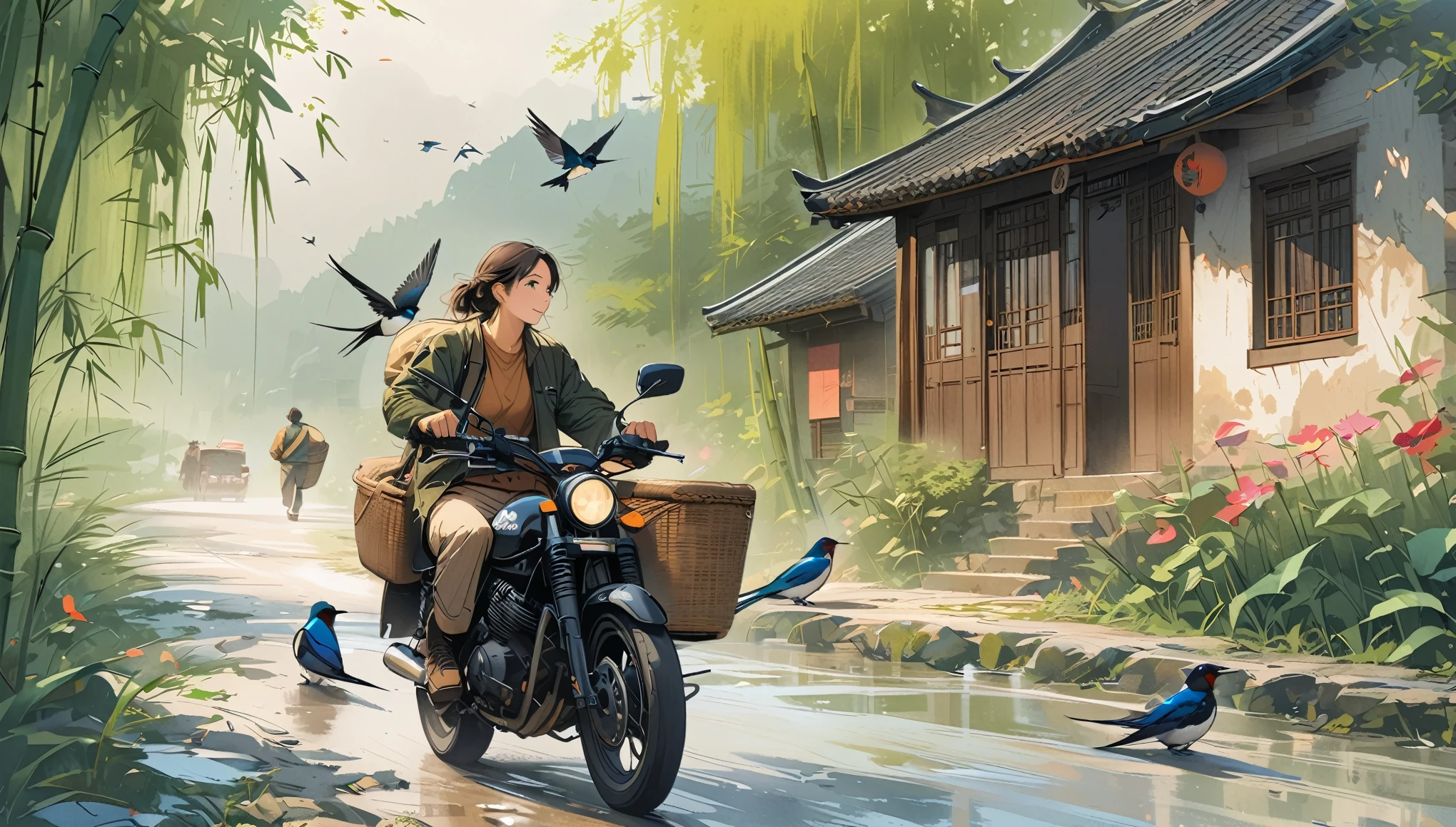 A man and a woman driving a motorcycle on a country road. Woman carrying a pair of baskets.，Willow trees on the side of the road，bamboo，swallow，Octane rendering of Gangnam atmosphere, High Detail,