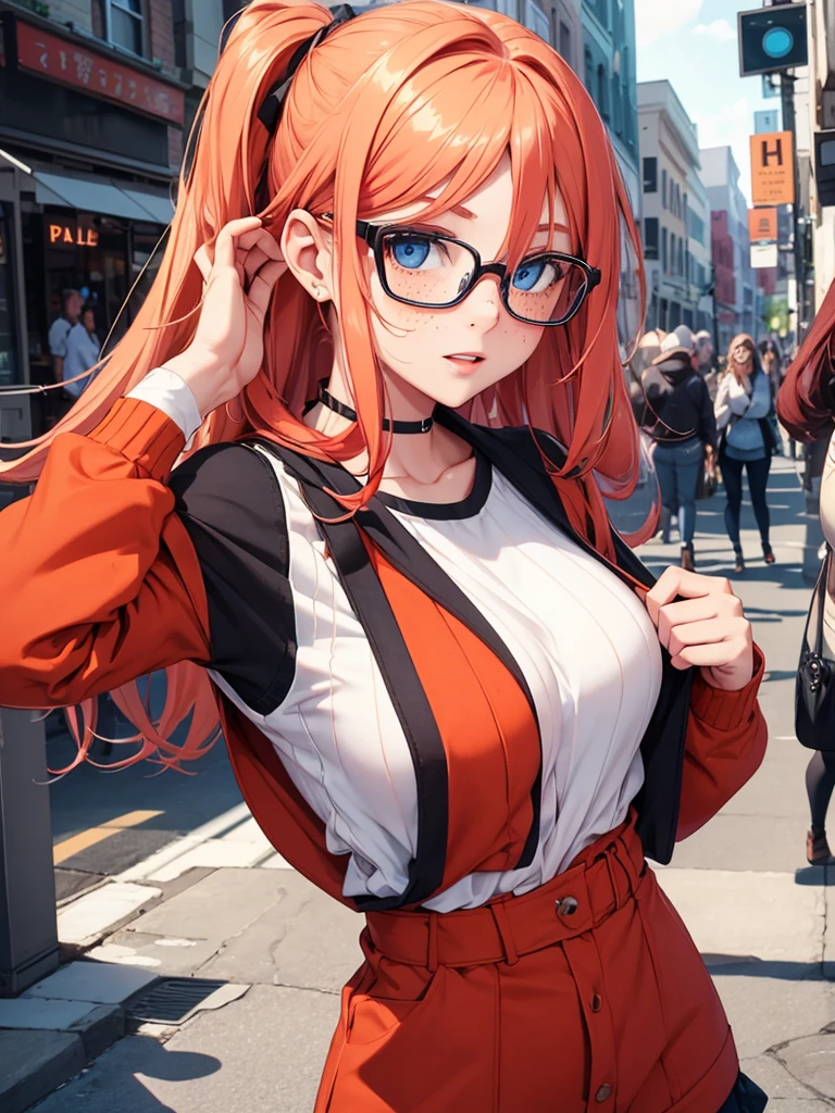 Create me a cute girl with glasses and freckles, boluctuous hip, blue eyes, red hair and blonde, com fall clothes dancing or drinking