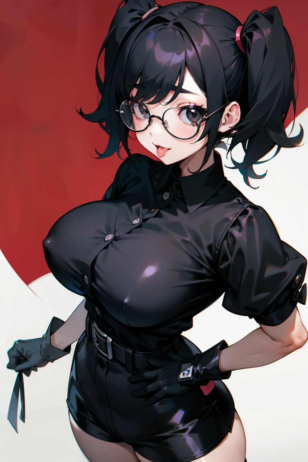 Cute girl, short black hair, black eyes, pigtails, Round glasses, tongue out of mouth, big breasts, short shorts, tight black clothes, black buttons, black gloves, black belt.