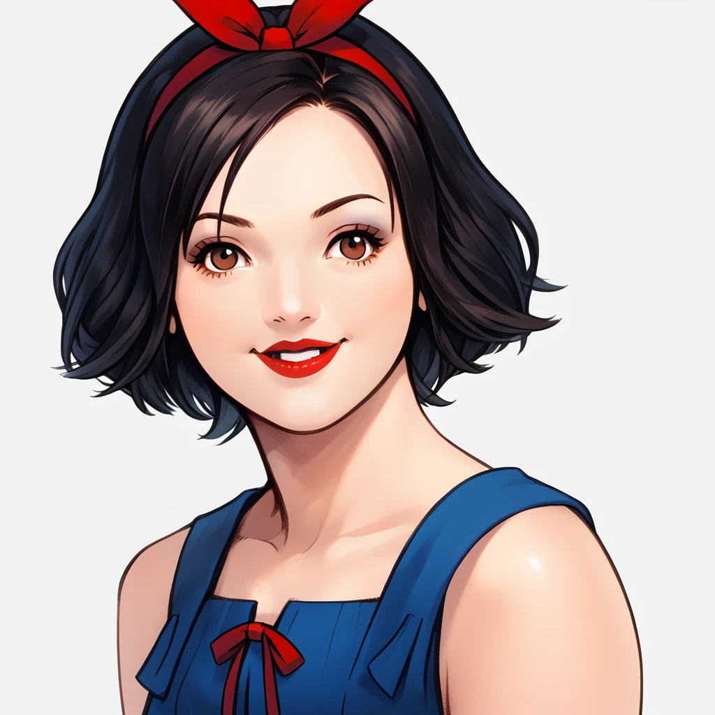 snowwhite, portraits, white background, Solo, 1girl, score_9, score_8_up,score_7_up, black hair, hair bow, bow, brown eyes, dress, smile, short hair, blue dress, upper body, red bow, lipstick, hairband, makeup