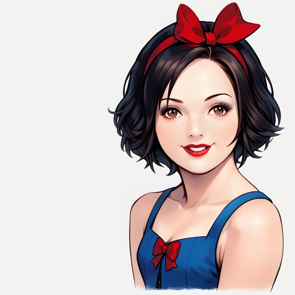 snowwhite, portraits, white background, Solo, 1girl, score_9, score_8_up,score_7_up, black hair, hair bow, bow, brown eyes, dress, smile, short hair, blue dress, upper body, red bow, lipstick, hairband, makeup