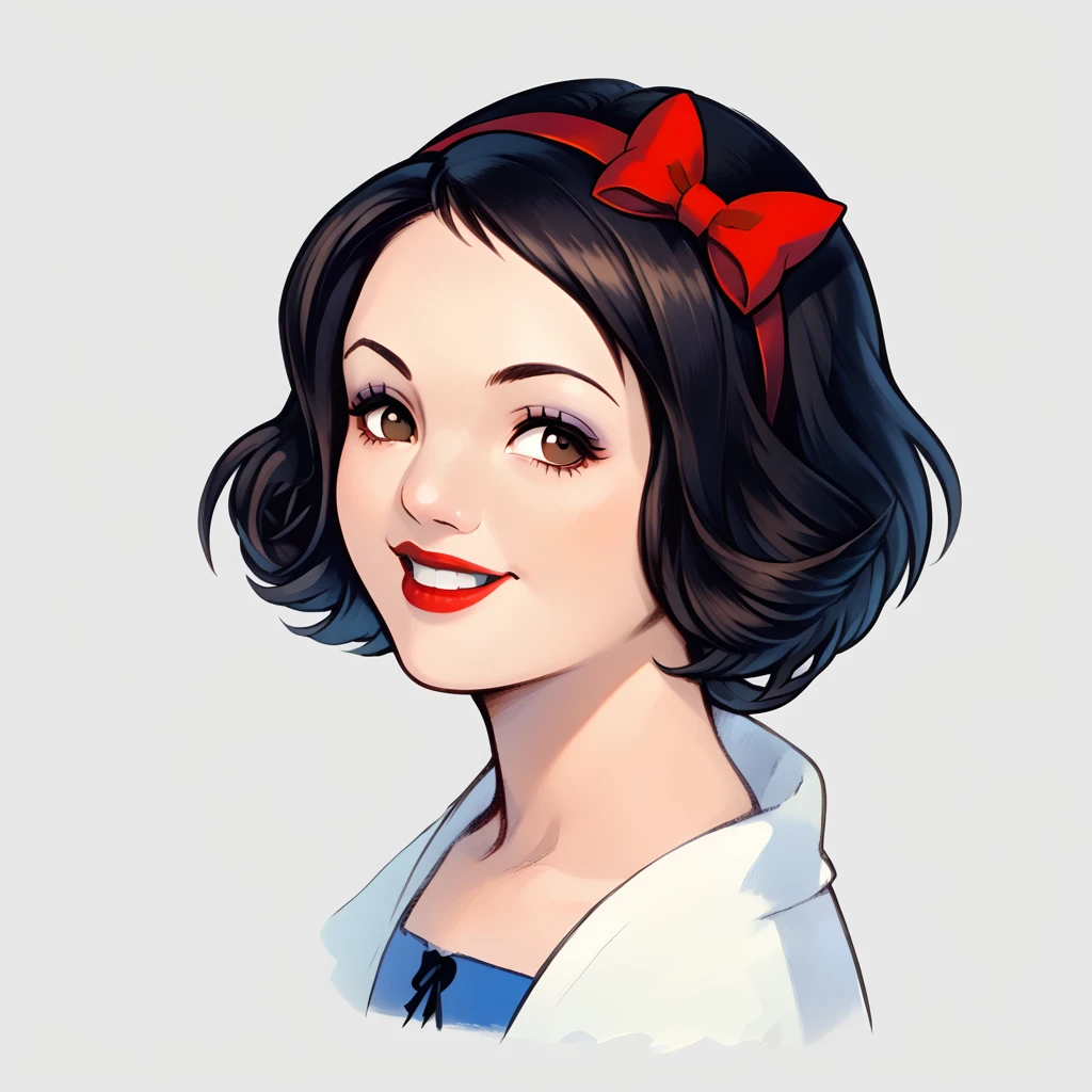 snowwhite, portraits, white background, Solo, 1girl, score_9, score_8_up,score_7_up, black hair, hair bow, bow, brown eyes, dress, smile, short hair, blue dress, upper body, red bow, lipstick, hairband, makeup