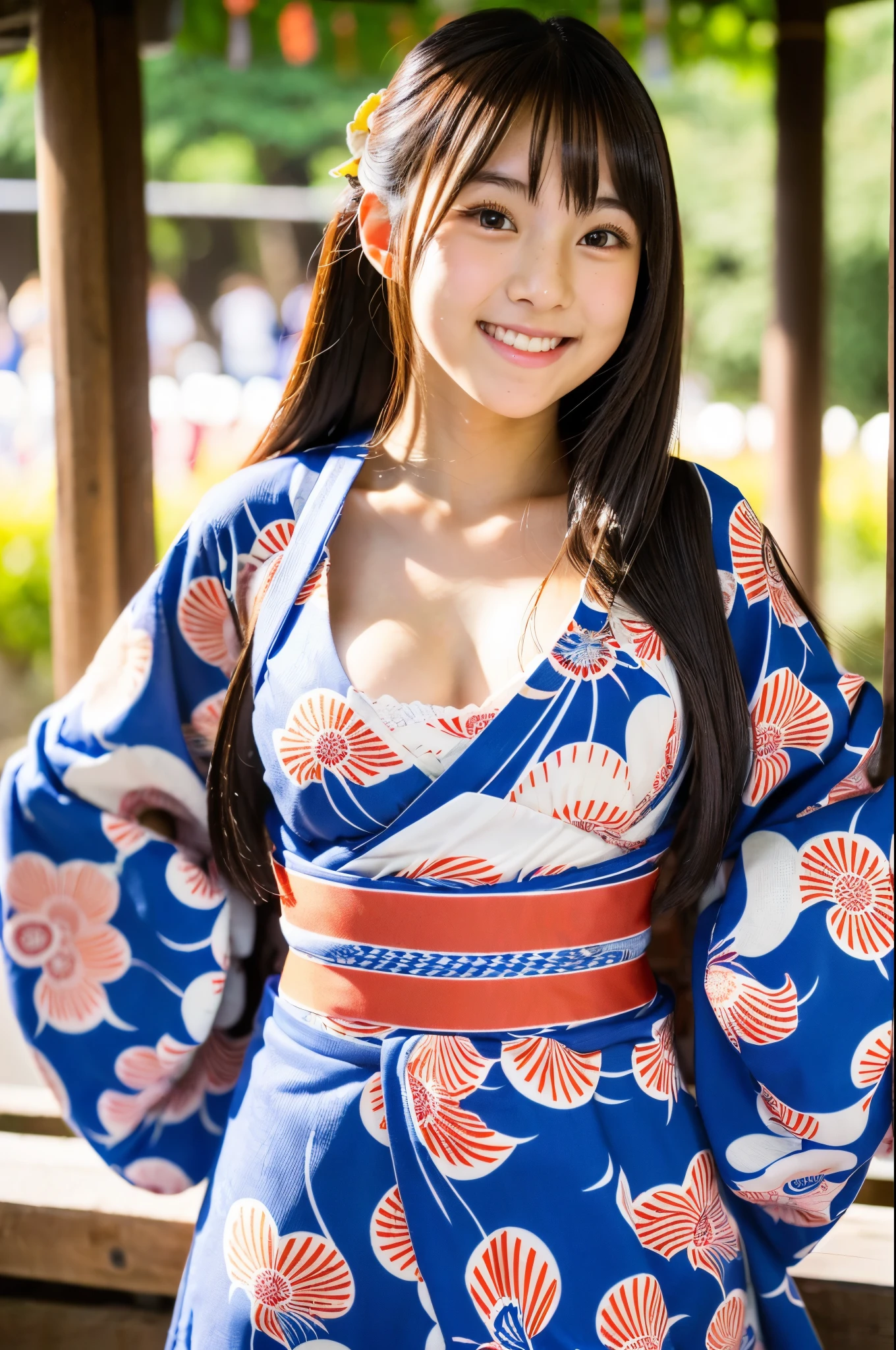 A very cute face like an idol、like々A 19-year-old woman with a cute face、Gentle and cute、A kind smile、(((Cute long-sleeved traditional Japanese yukata)))、(Japanese festivals)、((Full body portrait))、((Her chest is exposed))、((I can see your thighs))、RAW Photos、Genuine、High resolution