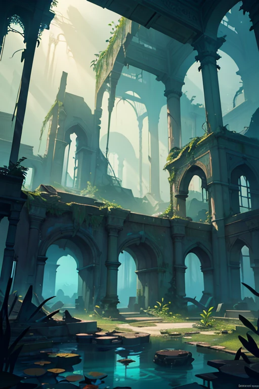 high quality, underwater, lotus leaves, beautiful lighting, atlantis, ruins, cinematic, landscape, (no humans), 8k, detailed, photorealistic, concept art, dramatic lighting, overgrown, rusting shipwreck, ruins, decayed, decaying, abandoned, eerie, mysterious, serene, tranquil, fantasy, science fiction, moody atmosphere