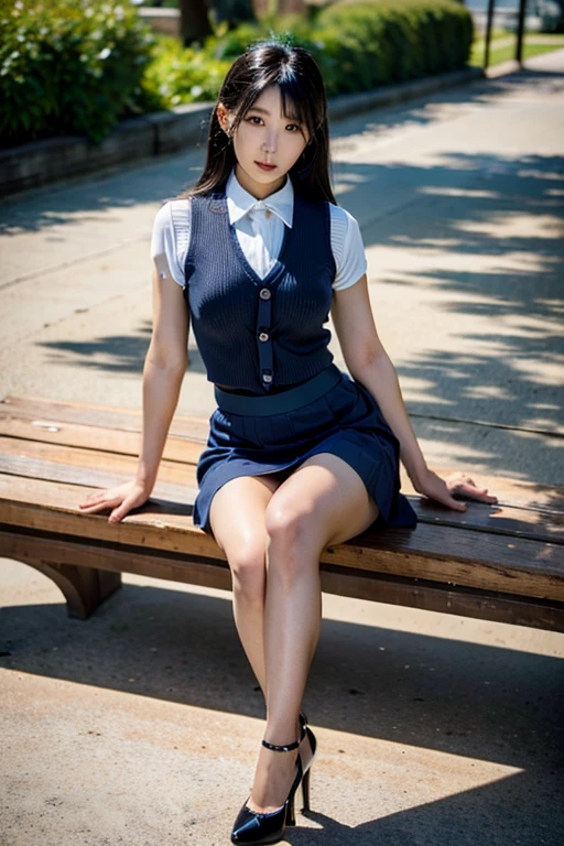 Urzan-6500-v1.1, (RAW Photos:1.2), (Realistic), (Genuine:1.4), 1girl、slender、48 years old、mini skirt、Medium Long Hair、Navy blue vest、((Sit on a bench:1.0))、(Long and sexy legs), (High heels)、(Business services)、Skirt Lift、Attractive thighature Woman