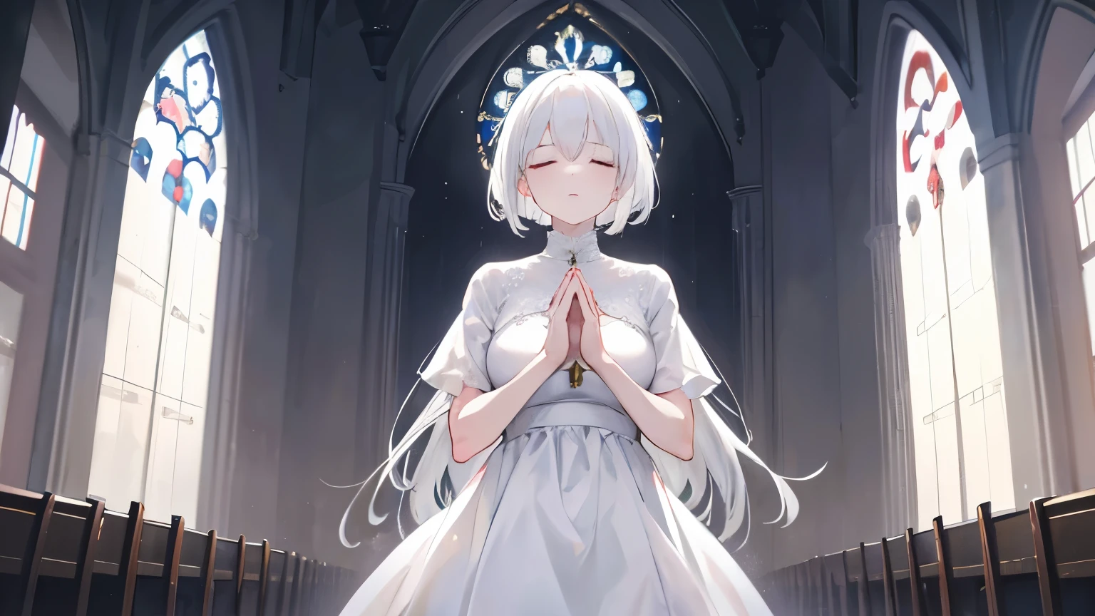 a white-haired woman is closing her eyes and praying mourning in church wearing white dress. (high definition) (high details) (master piece) (single cover) (song cover)